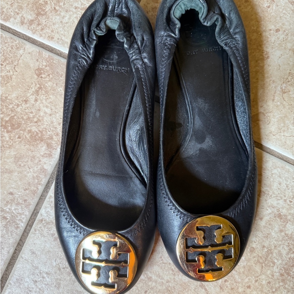 Tory Burch Black Flats with Gold Logo